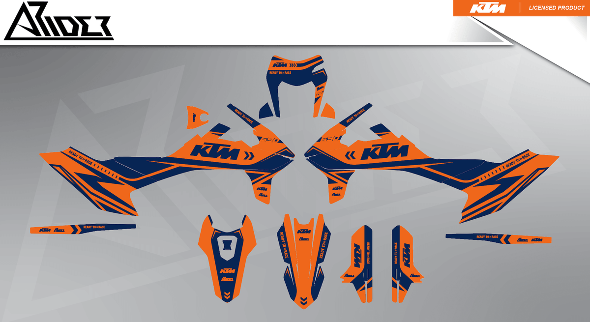 Arider Dekor passend für KTM 690 SMC-R – Alpha Edition, blau-orange Grafikteile in flacher Einzelteilansicht.