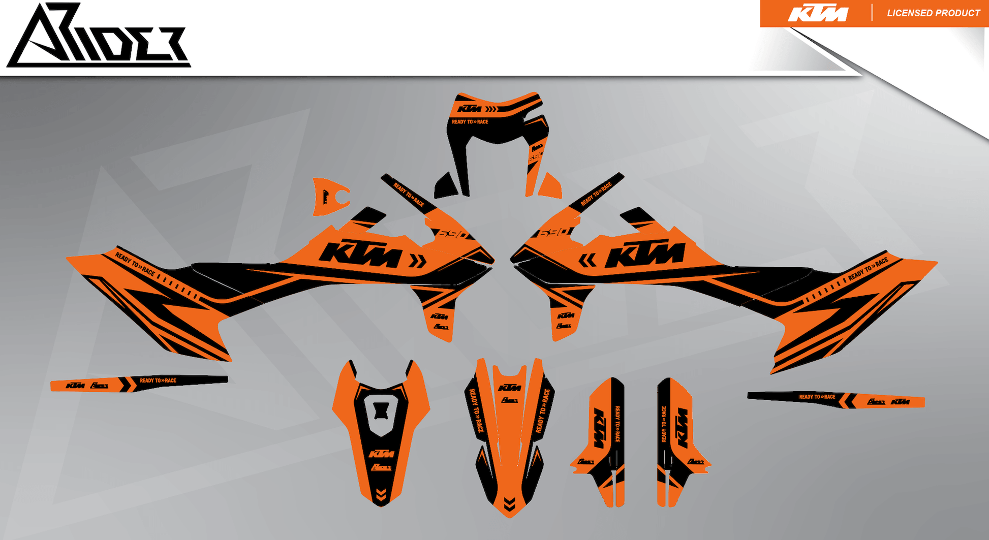 Arider Dekor passend für KTM 690 SMC-R – Alpha Edition, orange-schwarze Grafikteile in flacher Einzelteilansicht.