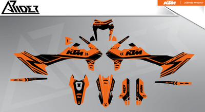Arider Dekor passend für KTM 690 SMC-R – Alpha Edition, orange-schwarze Grafikteile in flacher Einzelteilansicht.