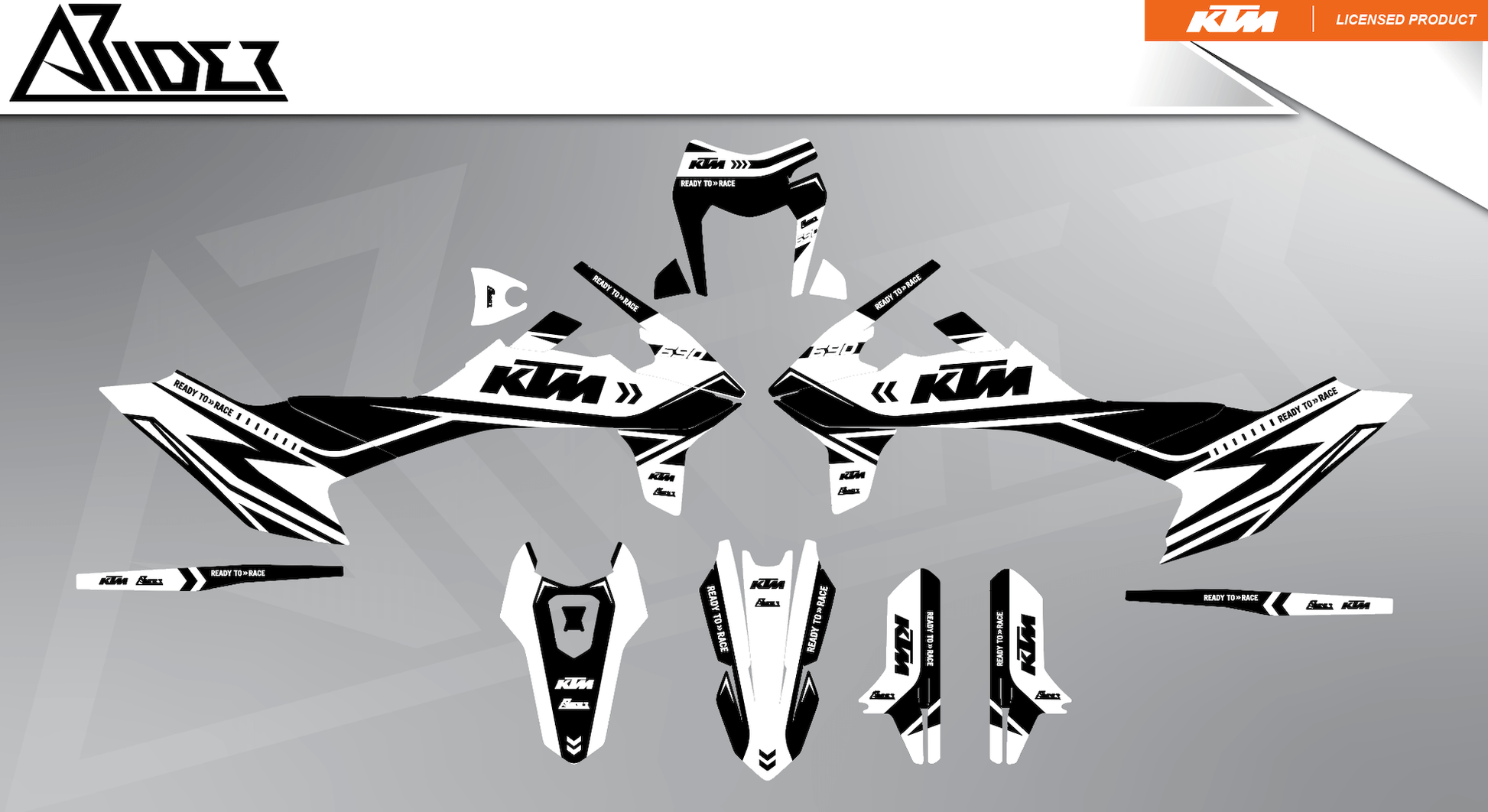 Arider Dekor passend für KTM 690 SMC-R – Alpha Edition, weiß-schwarze Grafikteile in flacher Einzelteilansicht.
