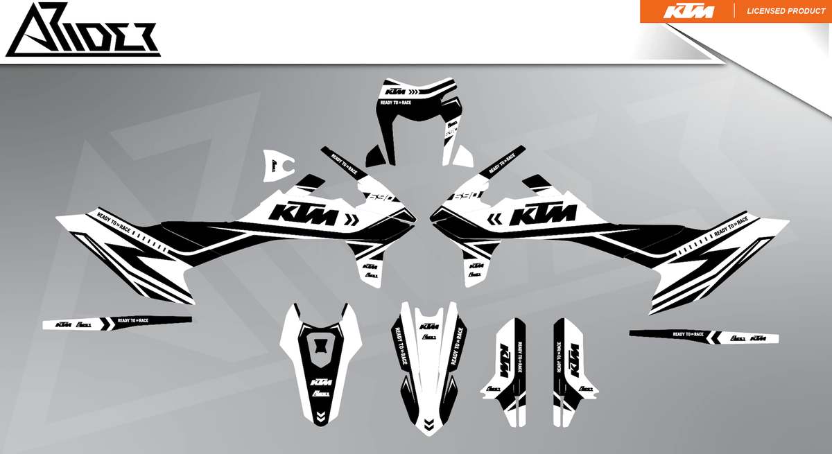 Arider Dekor passend für KTM 690 SMC-R – Alpha Edition, weiß-schwarze Grafikteile in flacher Einzelteilansicht.
