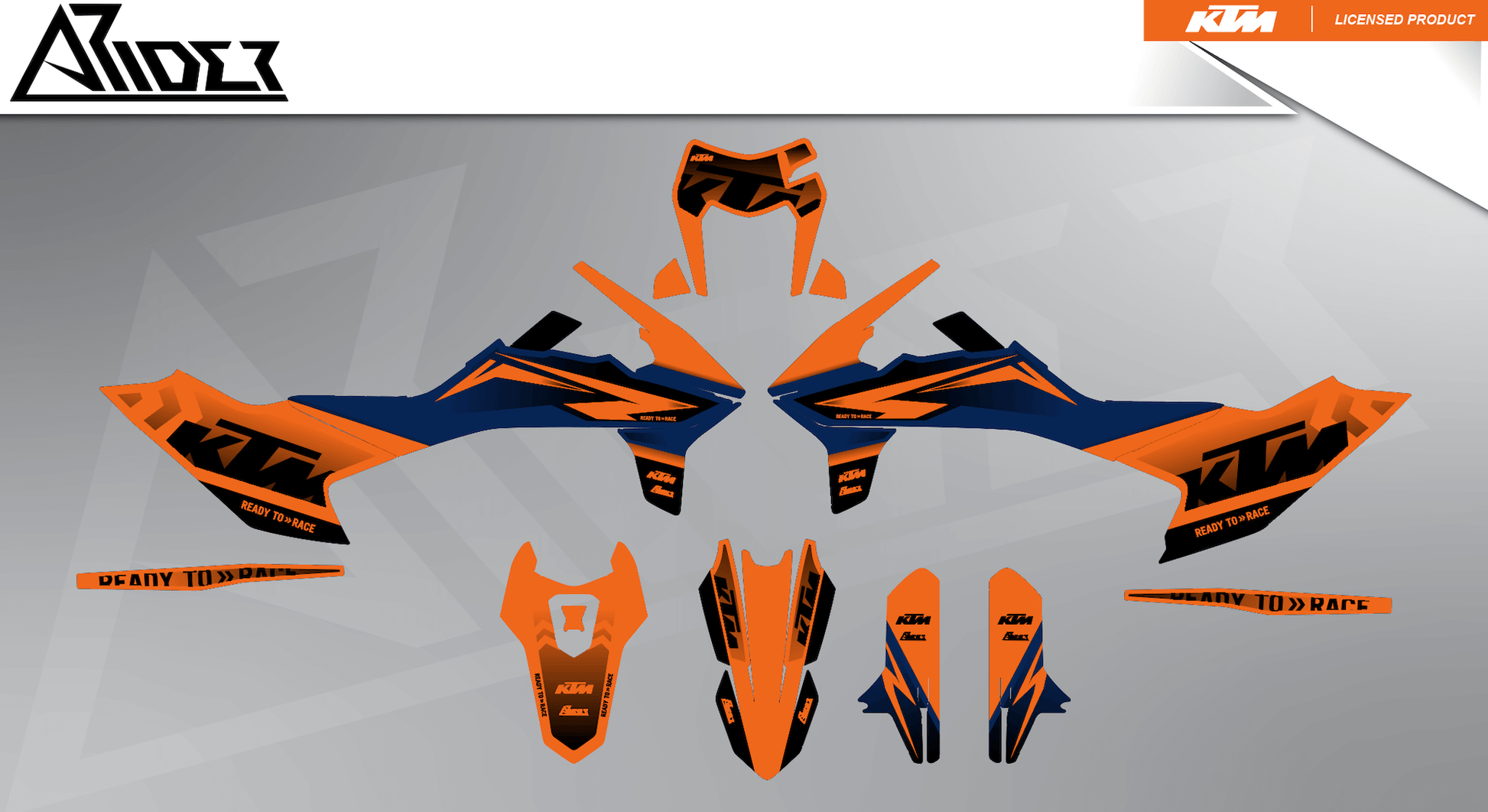 Arider Dekor passend für KTM 690 SMC-R – Base Edition, blau-orange Grafikteile in flacher Einzelteilansicht.