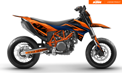 Arider Dekor passend für KTM 690 SMC-R – Base Edition, blau-orange Grafikdesign auf einer KTM 690 SMC-R in Seitenansicht.