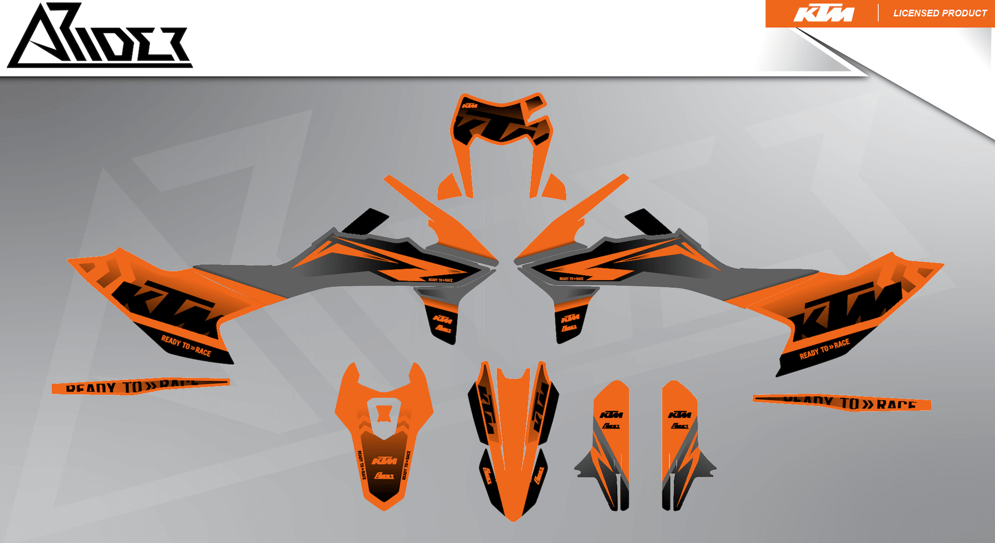 Arider Dekor passend für KTM 690 SMC-R – Base Edition, orange-graue Grafikteile in flacher Einzelteilansicht.