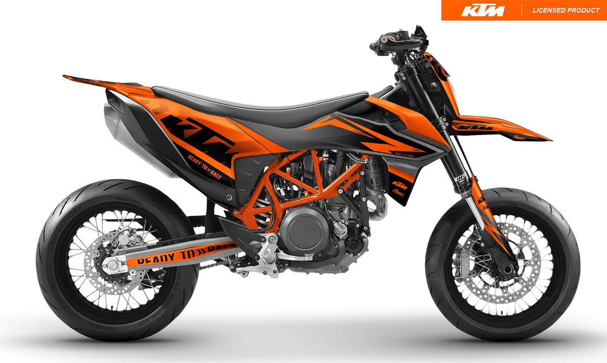 Arider Dekor passend für KTM 690 SMC-R – Base Edition, orange-graues Grafikdesign auf einer KTM 690 SMC-R in Seitenansicht.