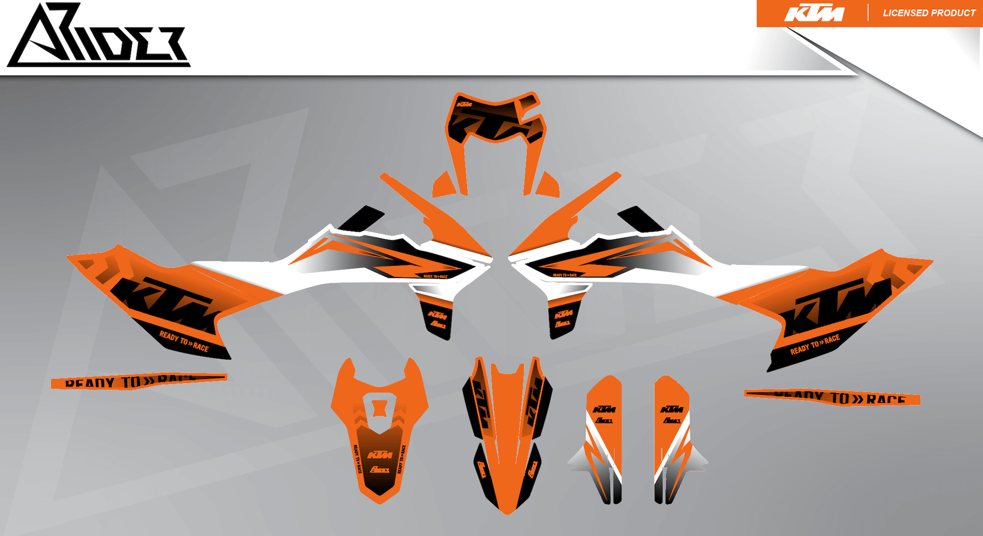 Arider Dekor passend für KTM 690 SMC-R – Base Edition, orange-weiße Grafikteile in flacher Einzelteilansicht.