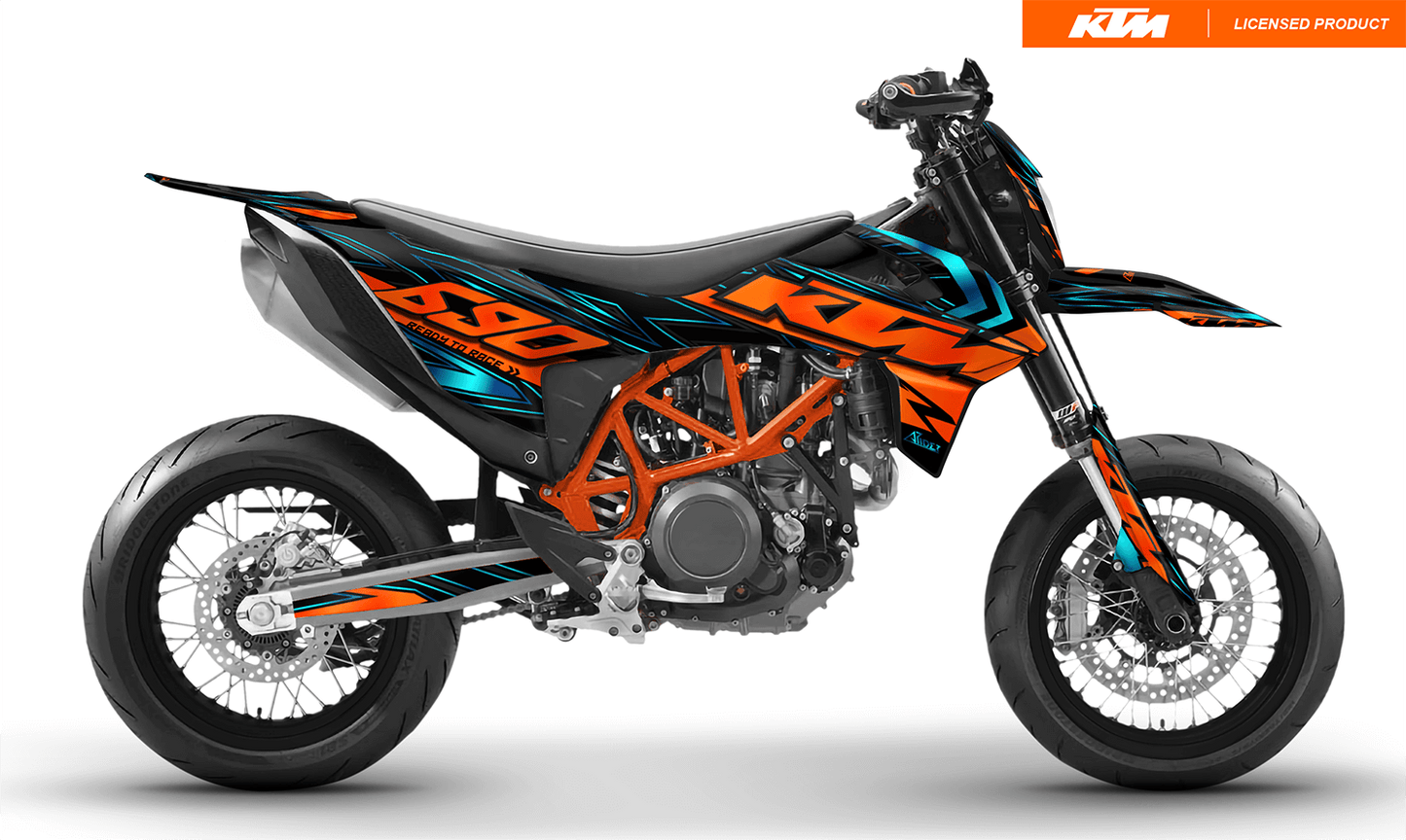 Arider Dekor passend für KTM 690 SMC-R – Glow Edition, blau-orange Grafikdesign auf einer KTM 690 SMC-R in Seitenansicht.