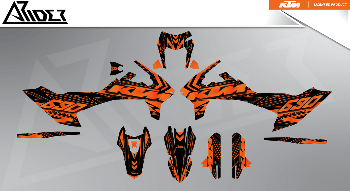 Arider Dekor passend für KTM 690 SMC-R – Glow Edition, orange-schwarze Grafikteile in flacher Einzelteilansicht.