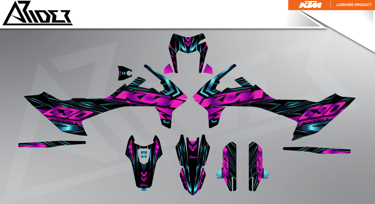 Arider Dekor passend für KTM 690 SMC-R – Glow Edition, pink-blaue Grafikteile in flacher Einzelteilansicht.
