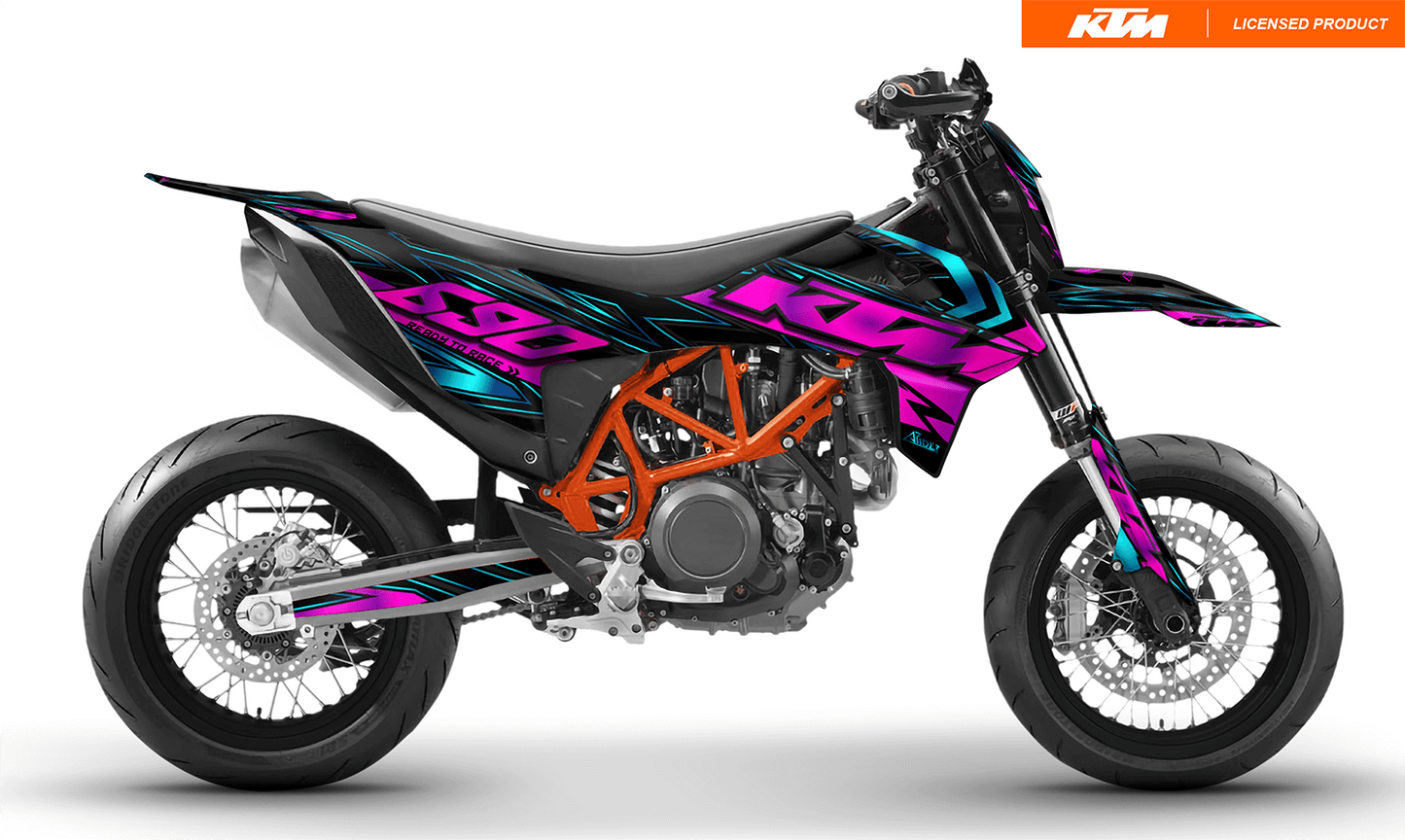 Arider Dekor passend für KTM 690 SMC-R – Glow Edition, pink-blaues Grafikdesign auf einer KTM 690 SMC-R in Seitenansicht.