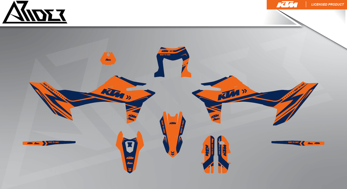 Arider Dekor passend für KTM 690 SMC-R – Alpha Edition, blau-orange Grafikteile in flacher Einzelteilansicht.