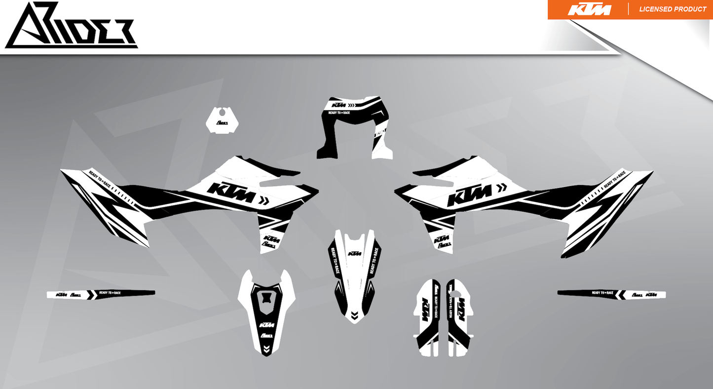 Arider Dekor passend für KTM 690 SMC-R – Alpha Edition, weiß-schwarze Grafikteile in flacher Einzelteilansicht.