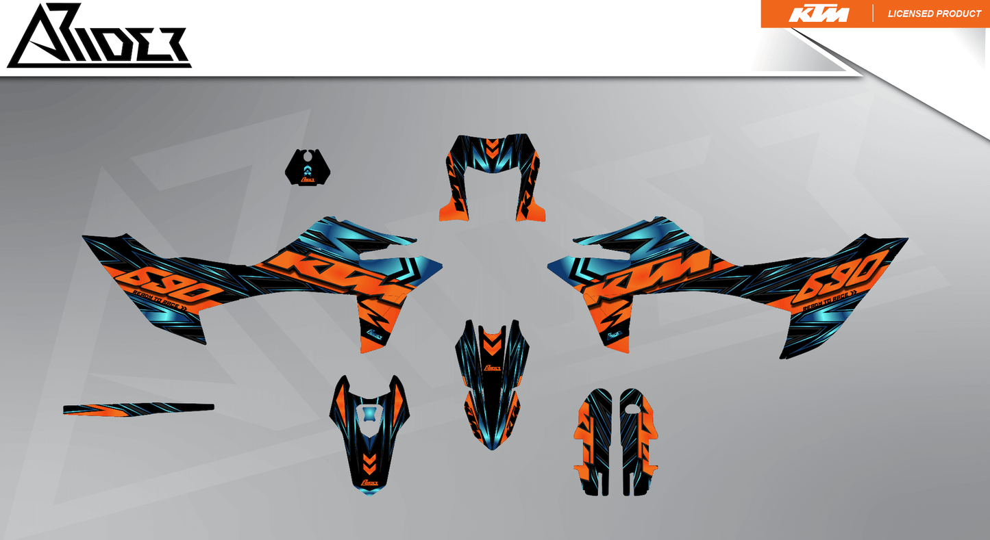Arider Dekor passend für KTM 690 SMC-R – Glow Edition, blau-orange Grafikteile in flacher Einzelteilansicht.