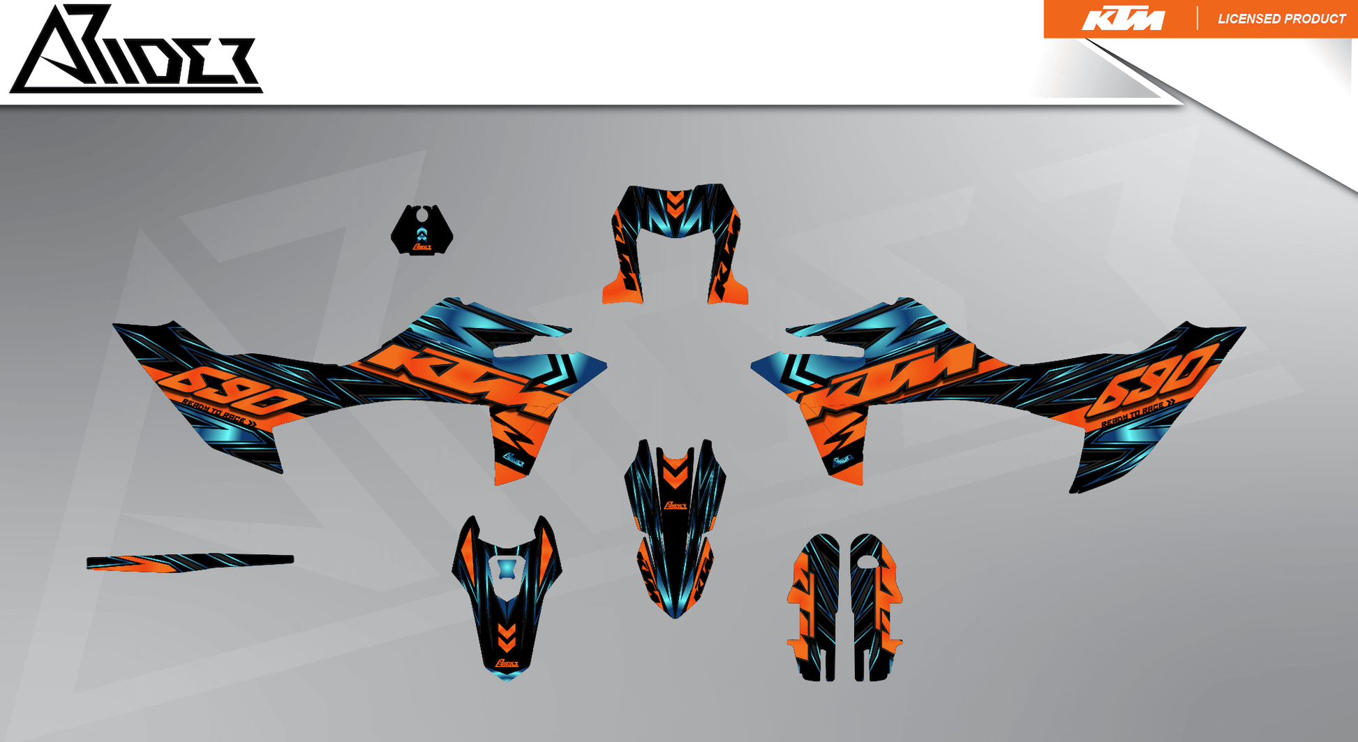 Arider Dekor passend für KTM 690 SMC-R – Glow Edition, blau-orange Grafikteile in flacher Einzelteilansicht.