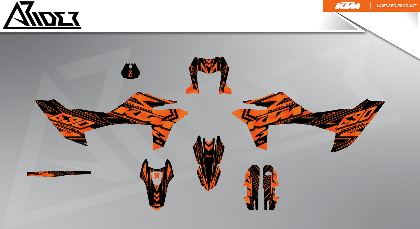 Arider Dekor passend für KTM 690 SMC-R – Glow Edition, orange-schwarze Grafikteile in flacher Einzelteilansicht.