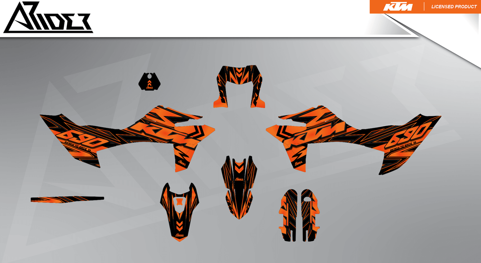 Arider Dekor passend für KTM 690 SMC-R – Glow Edition, orange-schwarze Grafikteile in flacher Einzelteilansicht.