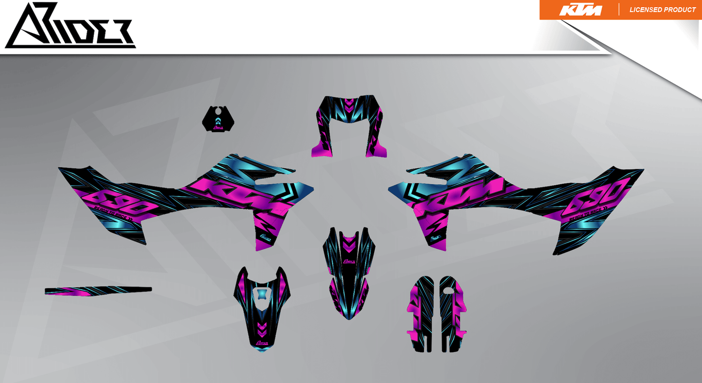 Arider Dekor passend für KTM 690 SMC-R – Glow Edition, pink-blaue Grafikteile in flacher Einzelteilansicht.