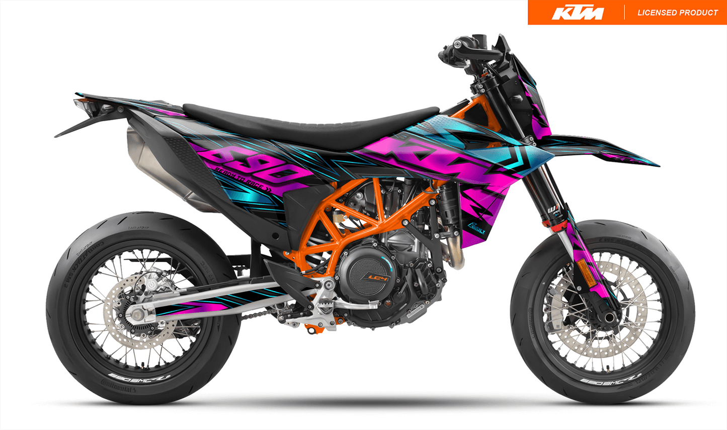 Arider Dekor passend für KTM 690 SMC-R – Glow Edition, pink-blaues Grafikdesign auf einer KTM 690 SMC-R in Seitenansicht.