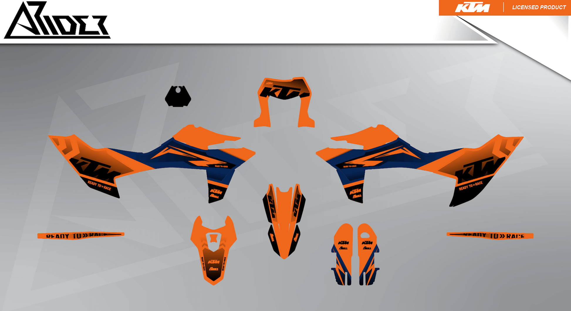 Arider Dekor passend für KTM 690 SMC-R – Base Edition, blau-orange Grafikteile in flacher Einzelteilansicht.