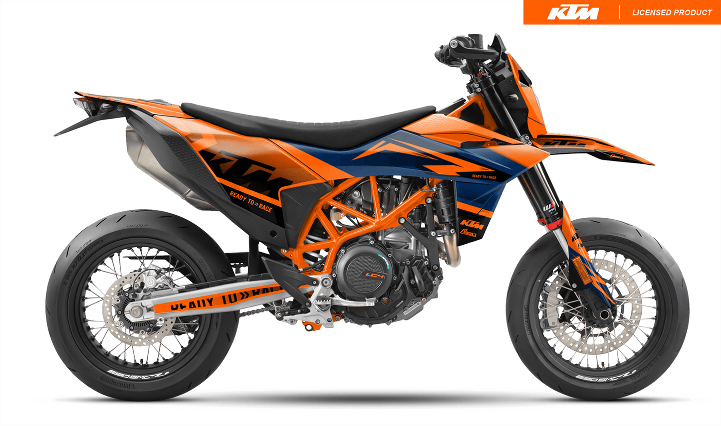 Arider Dekor passend für KTM 690 SMC-R – Base Edition, blau-orange Grafikdesign auf einer KTM 690 SMC-R in Seitenansicht.