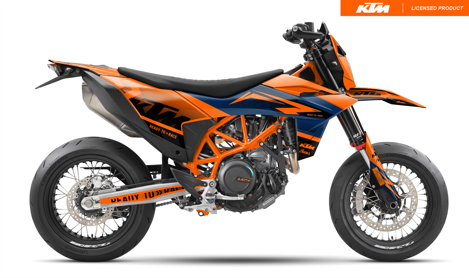 Arider Dekor passend für KTM 690 SMC-R – Base Edition, blau-orange Grafikdesign auf einer KTM 690 SMC-R in Seitenansicht.