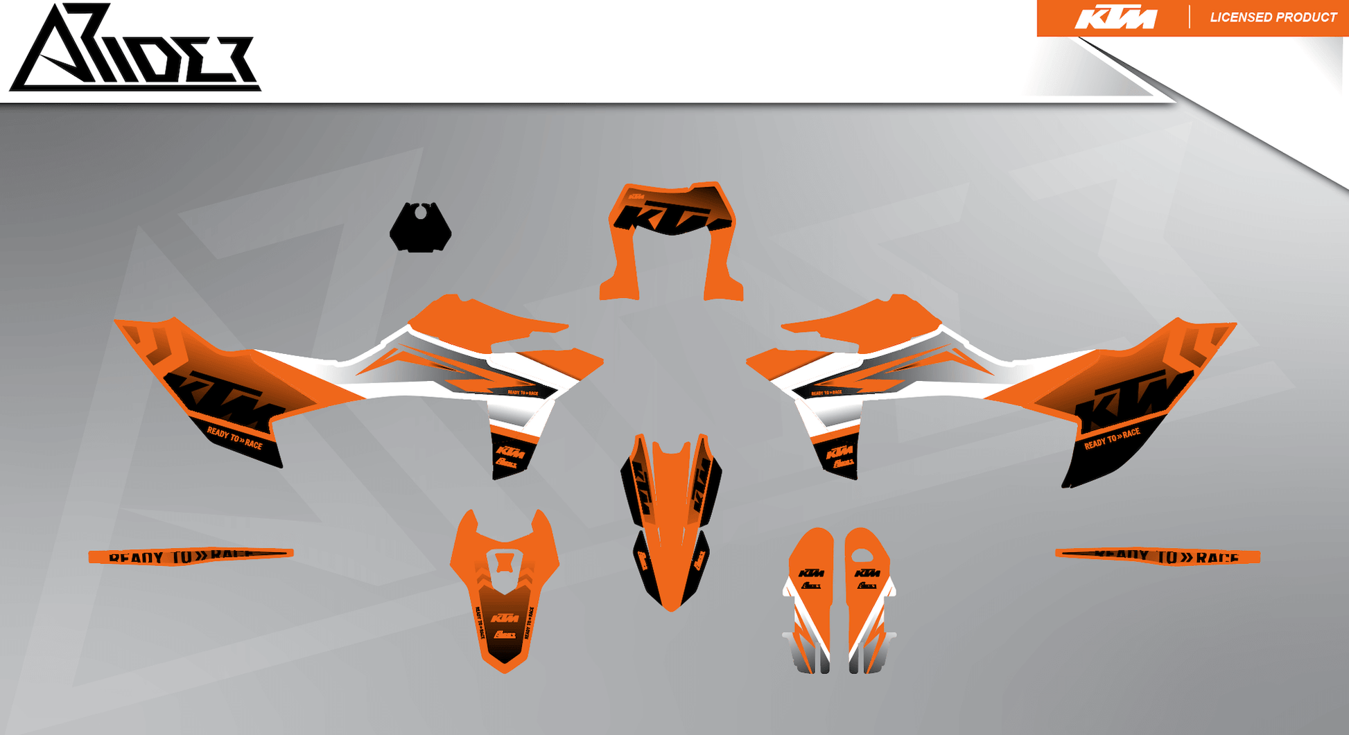 Arider Dekor passend für KTM 690 SMC-R – Base Edition, orange-weiße Grafikteile in flacher Einzelteilansicht.