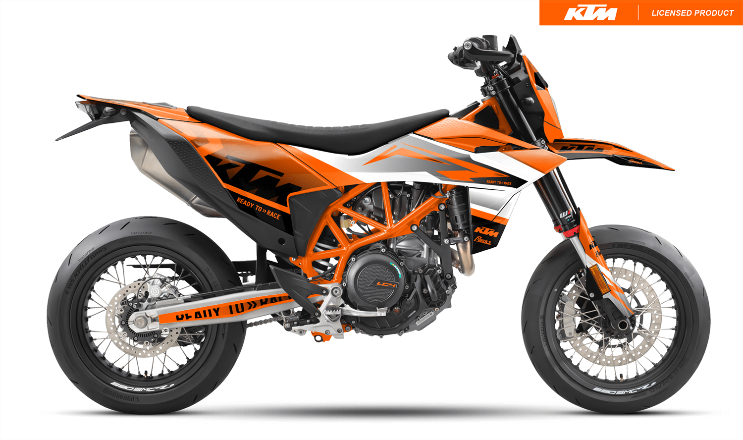 Arider Dekor passend für KTM 690 SMC-R – Base Edition, orange-weißes Grafikdesign auf einer KTM 690 SMC-R in Seitenansicht.